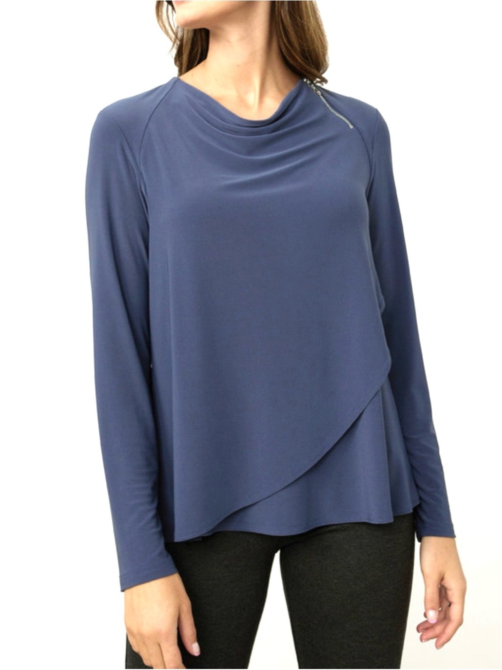 Joseph Ribkoff Blue Long Sleeve Zipper Detail Jersey Top